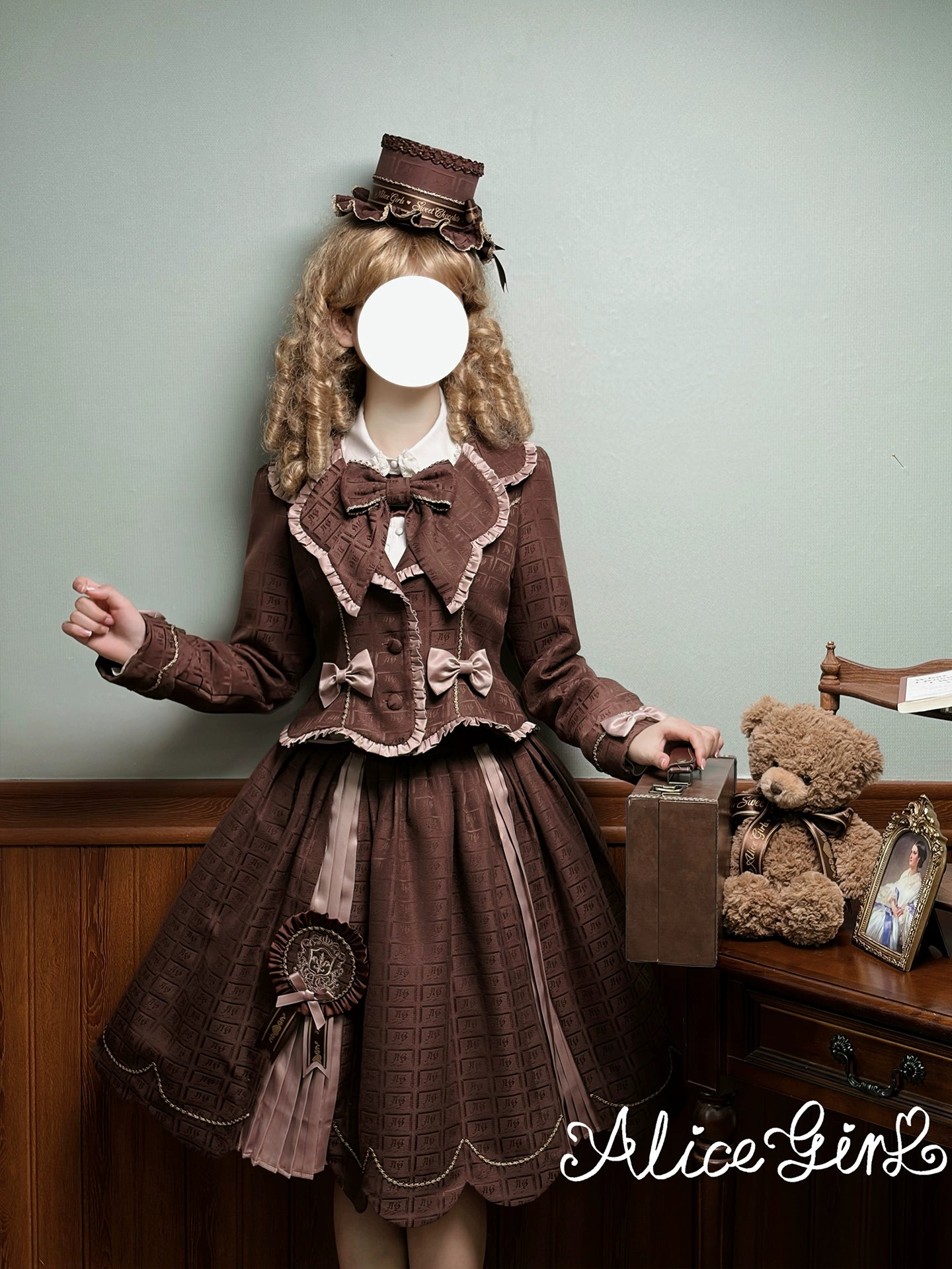 Alice Girl - Bear Chocolate Slab - Classic Lolita Slim Fit Jacket Coat, Lapel Collar 44310:803969