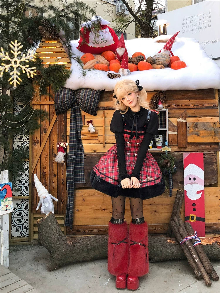 To Alice~Black Cat and Miss~Christmas Sweet Lolita Plaid Dress with Hooded Cape