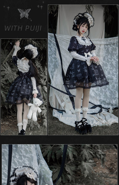 With PUJI~Gothic Butterfly Printing Embroidery Lolita OP   