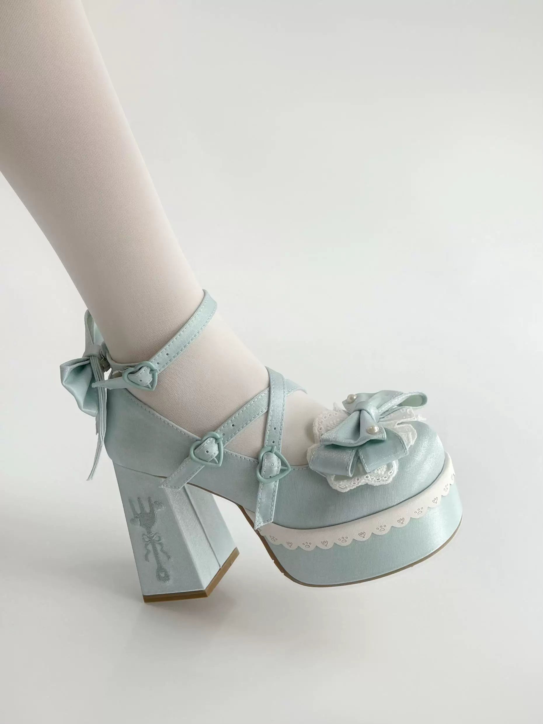 Tea Party Tale - Sweet Lolita Platform Heels, Bow Strap & Fork Embroidery 45905:867650