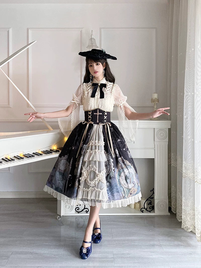 Clock Butterfly - Gothic Lolita Printed Blouse and Corset Skirt Set 45449:848807