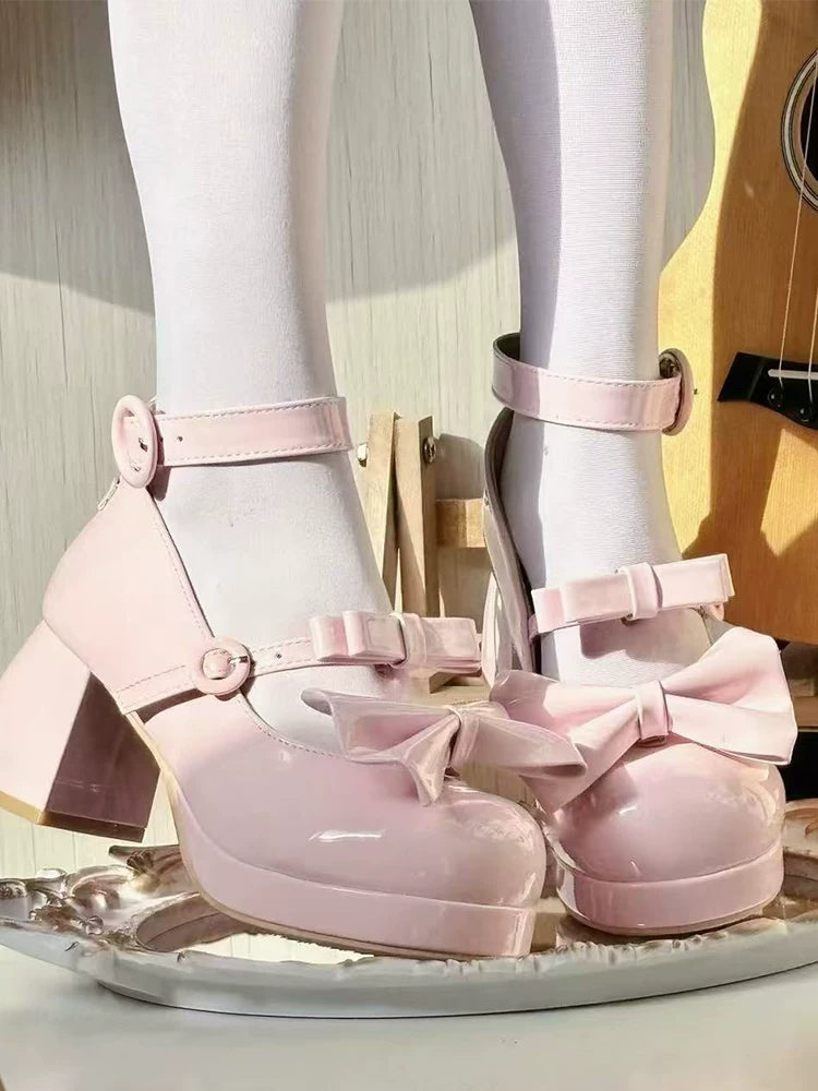 Covenant Doll - Sweet Lolita Chunky Heel Shoes, Detachable Bow Light Pink - Patent Version 34