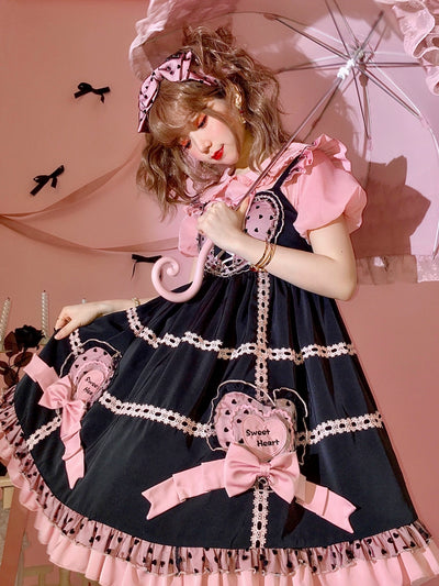 Half Sweet Lolita~Sweet Lolita Sleeveless Satin Dress S black-pink 