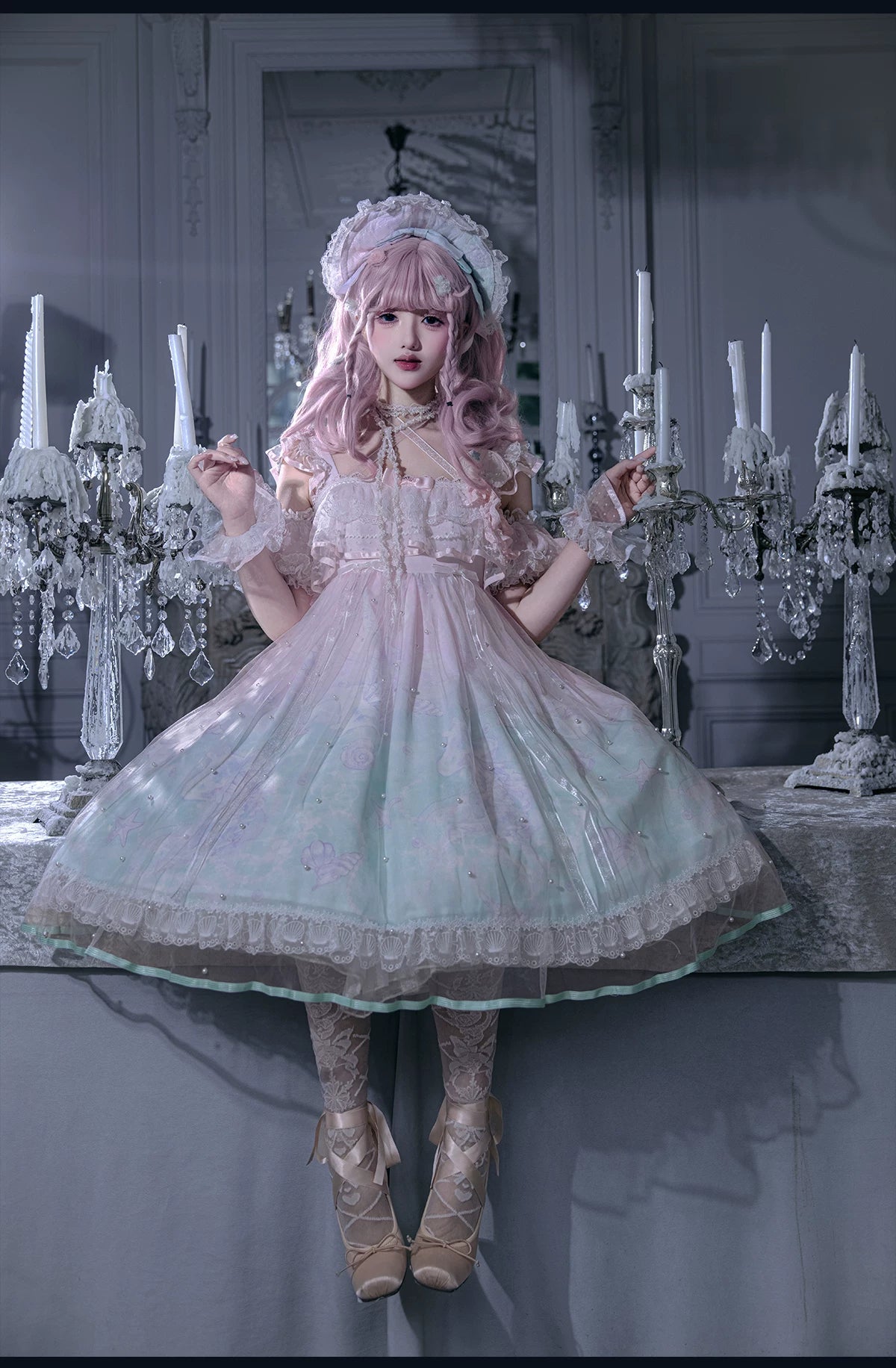 Windchime Jellyfish - Sweet Lolita Halter Neck JSK Dress, Jellyfish Print & Overlay 45756:861336