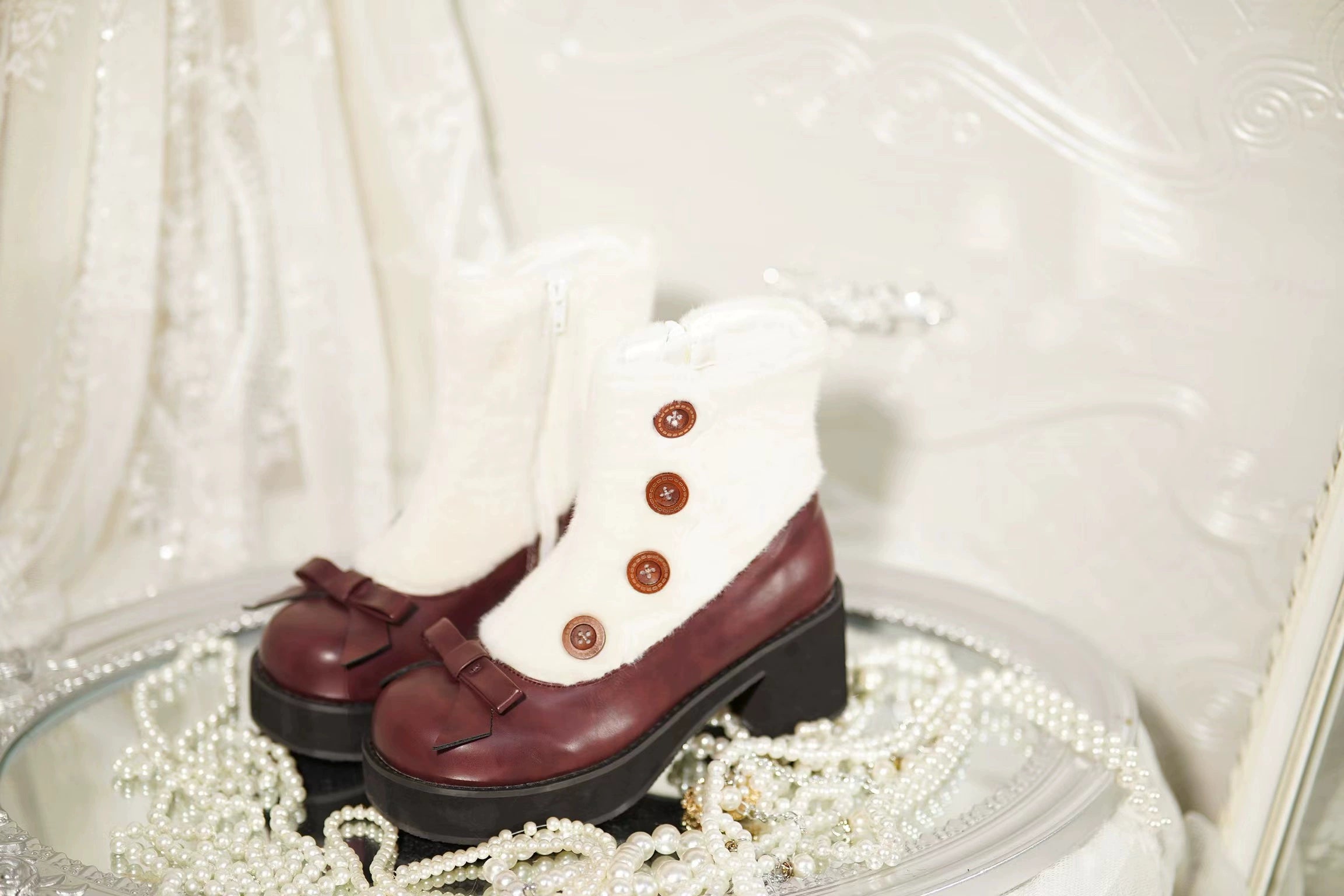Dolly Doll - Winter Lolita Boots Fur Mary Jane Lolita Low Heel Shoes 34 6cm-Thick Sole-Dark Red