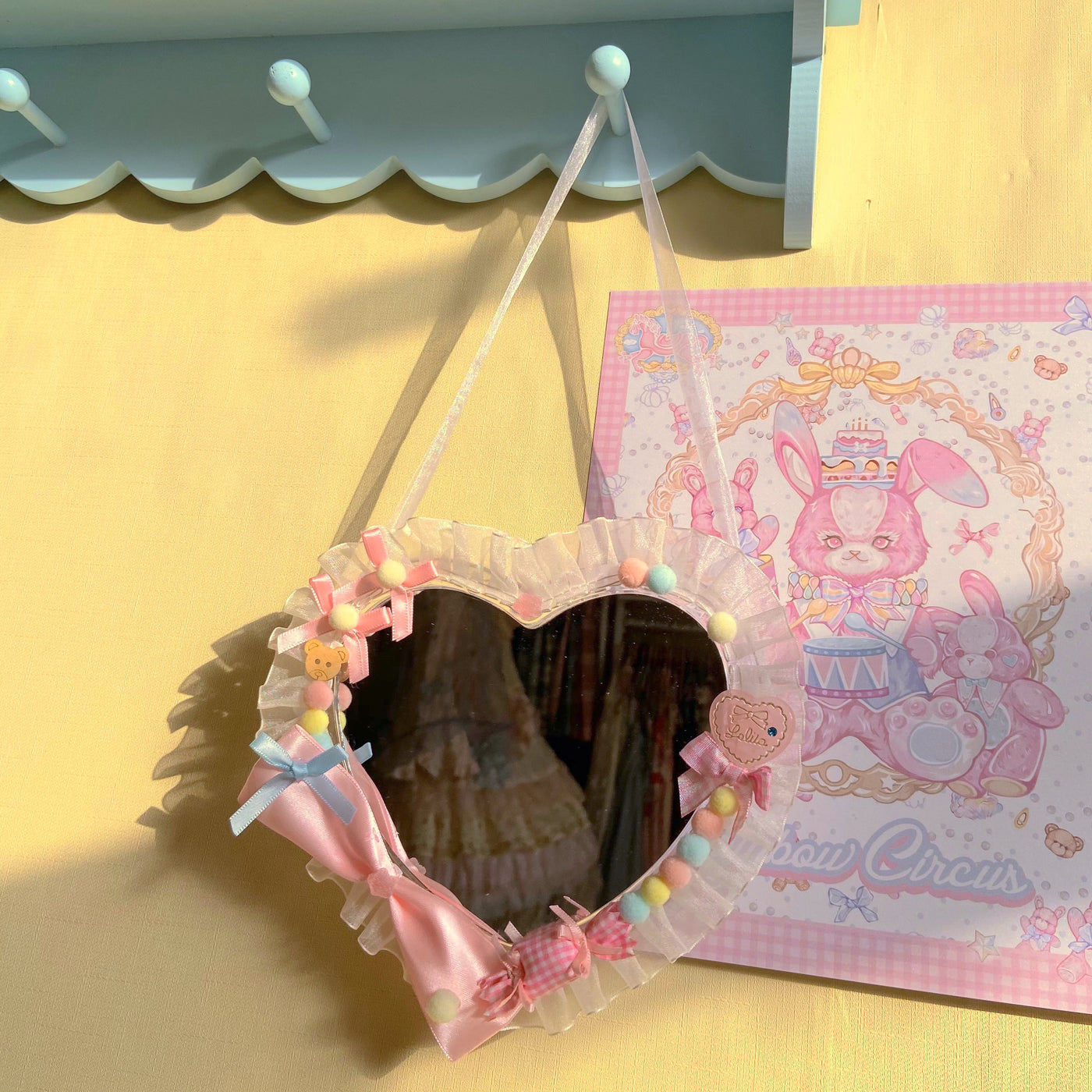 Bear Doll~Little Bear Kindergarten Mirror~Sweet Lolita Portable Lolita Love Mirror pink mirror with a base  