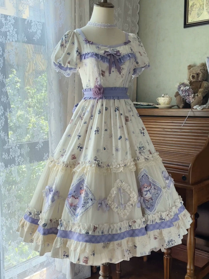 (BFM)Strawberry Fantasia~Blueberry Pie~Country Lolita OP Short Sleeve Floral Printing Dress S long OP 