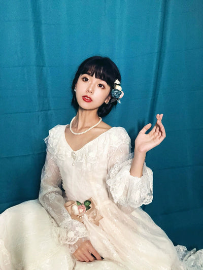 Miss Point~Dawn Girl~Reto Elegant lolita OP Dress Lace Long Sleeve S Ivory 