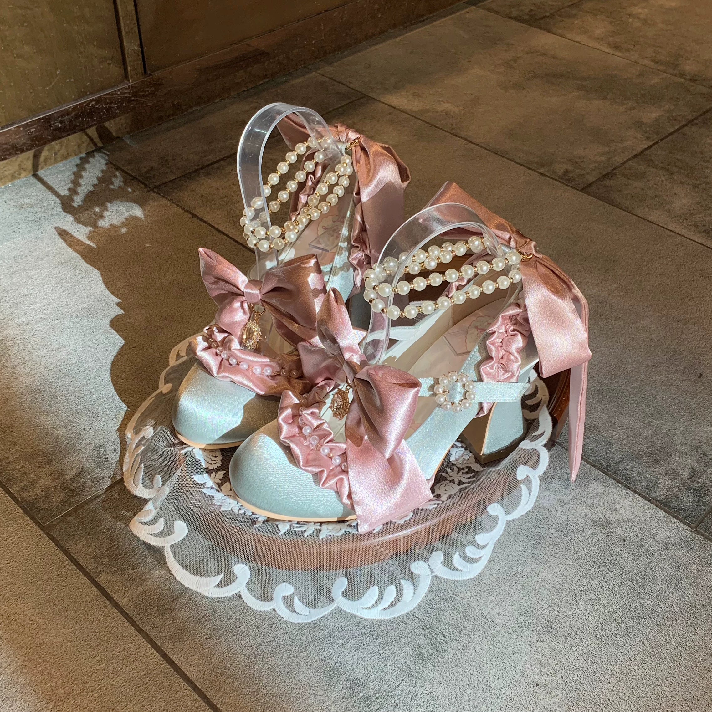 Ribbon Anthem - Gorgeous Classic Lolita Heels, Detachable Bow & Pearl (34 35 36 37 38 39 40 41) 44639:815892