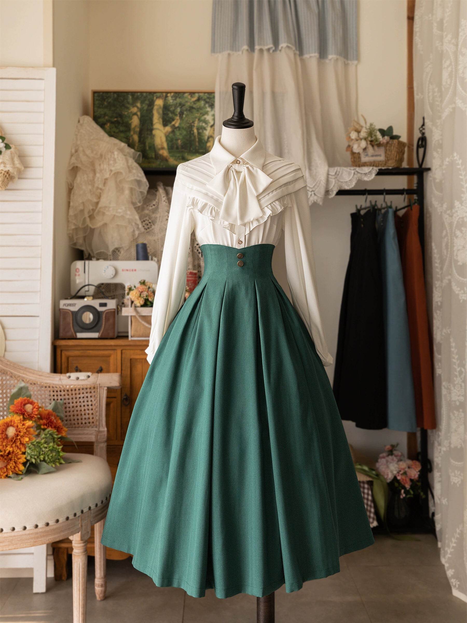 Forest Wardrobe - Forest Basket - Elegant Lolita Blouse, Vintage Bow Tie