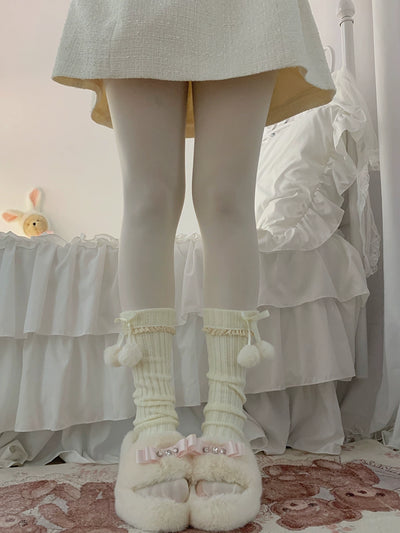 Roji Roji~Sweet Lolita Leg Warmmer Lace and Butterfly Bow Free size Beige 