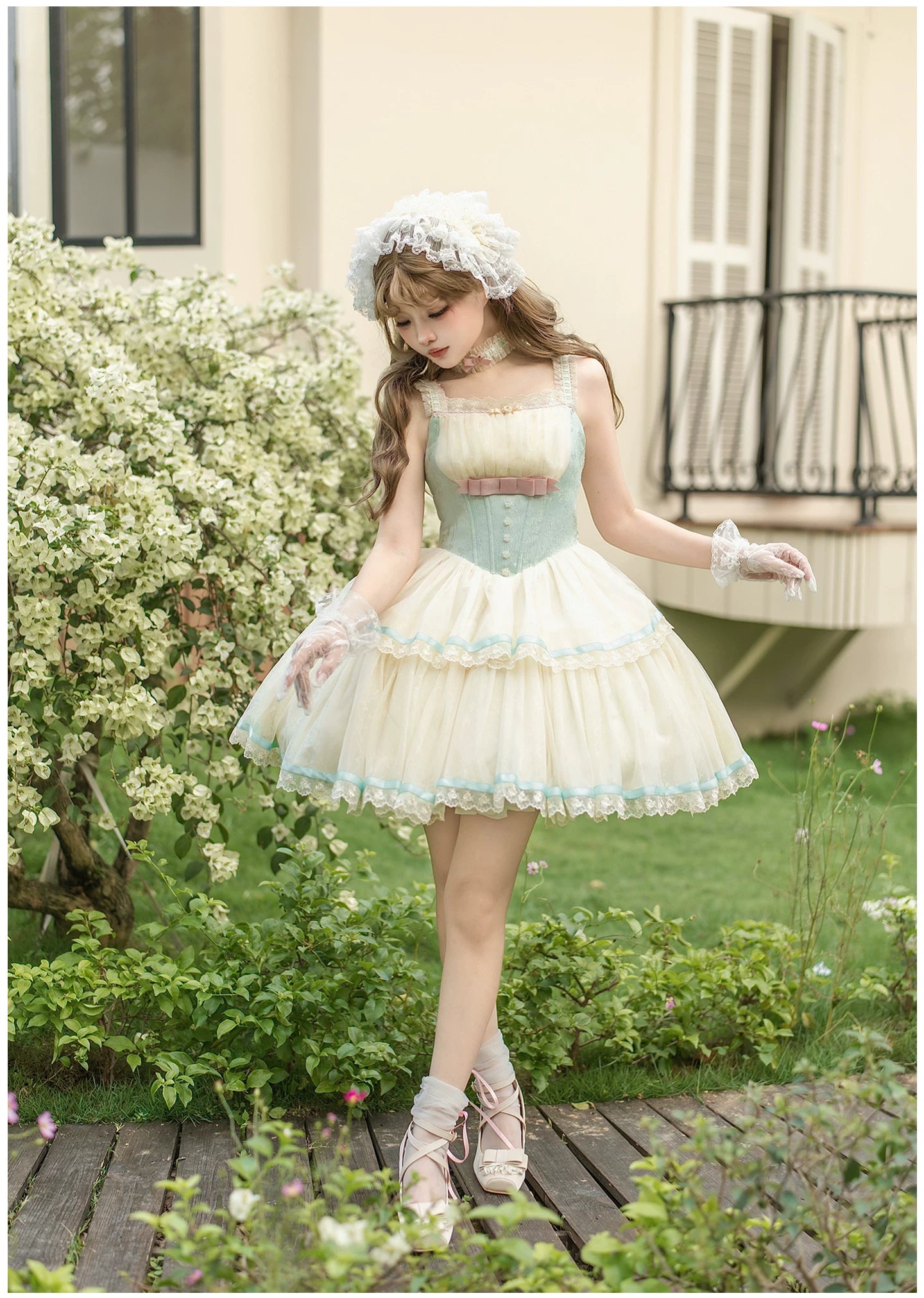 Sea Salt Soda - Classic Lolita Adjustable Corset JSK Dress, Tiered Tulle Hem 45257:856370