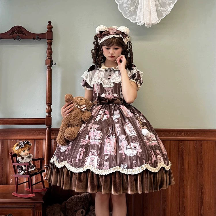 Alice Girl~Bear Doll Wall~Sweet Lolita OP Lovely Bear Print Dress   