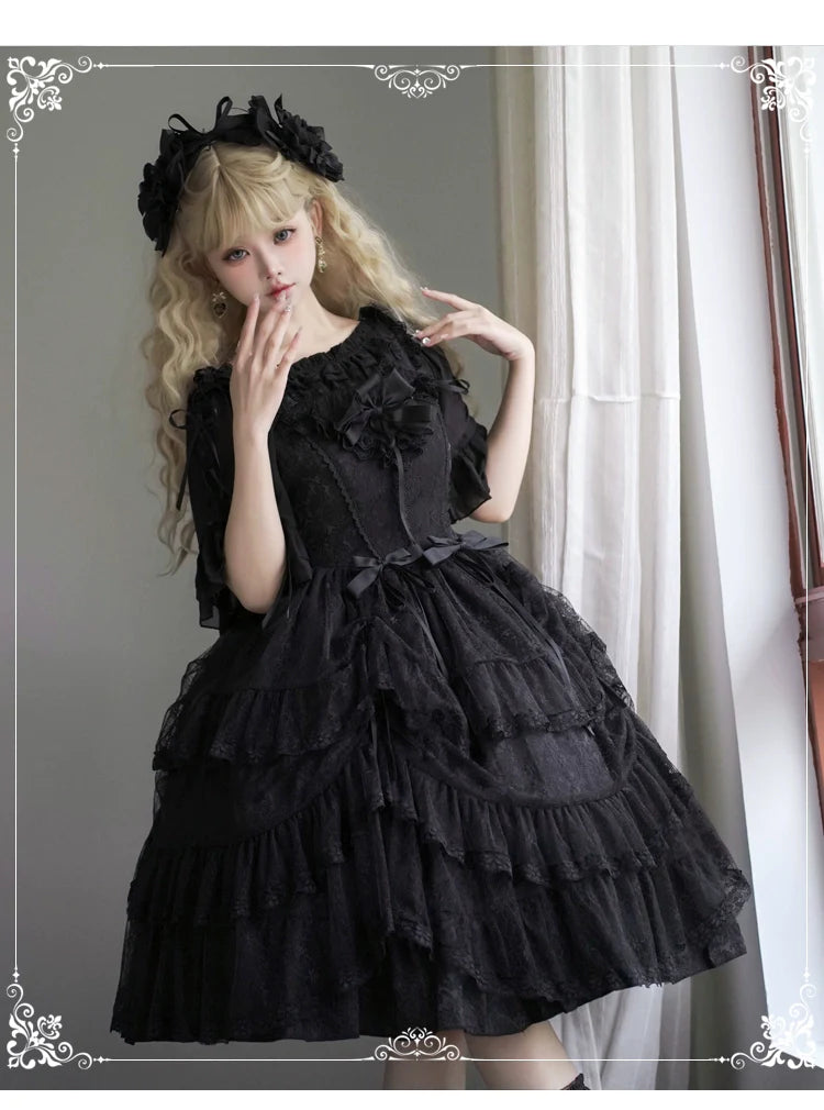 Eieyomi - Iris Love - Elegant Black Lolita JSK Dress, Short Sleeve 44383:806043