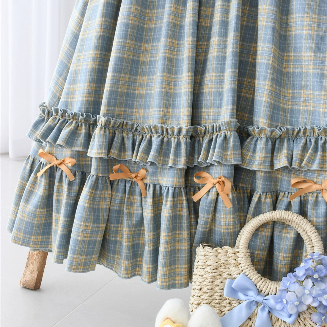 EESSILY - Green Fairy Tales - Classic Lolita Plaid JSK Plus Size Lolita Dress Orange-yellow + grey-blue (JSK only) S