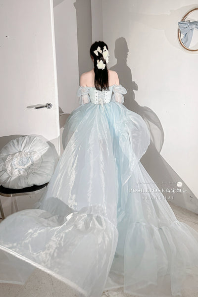 POSHEPOSE~Water Color Cherry~Gorgeous Blue Lolita JSK Dress Summer Gown Dress   