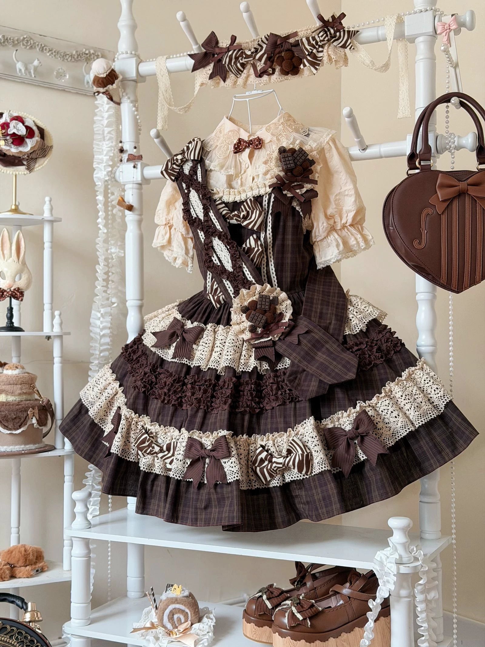 Coco Grace - Plaid Kawaii Lolita JSK Dress, Layered Ruffle & Bow Plaid JSK Only One Size