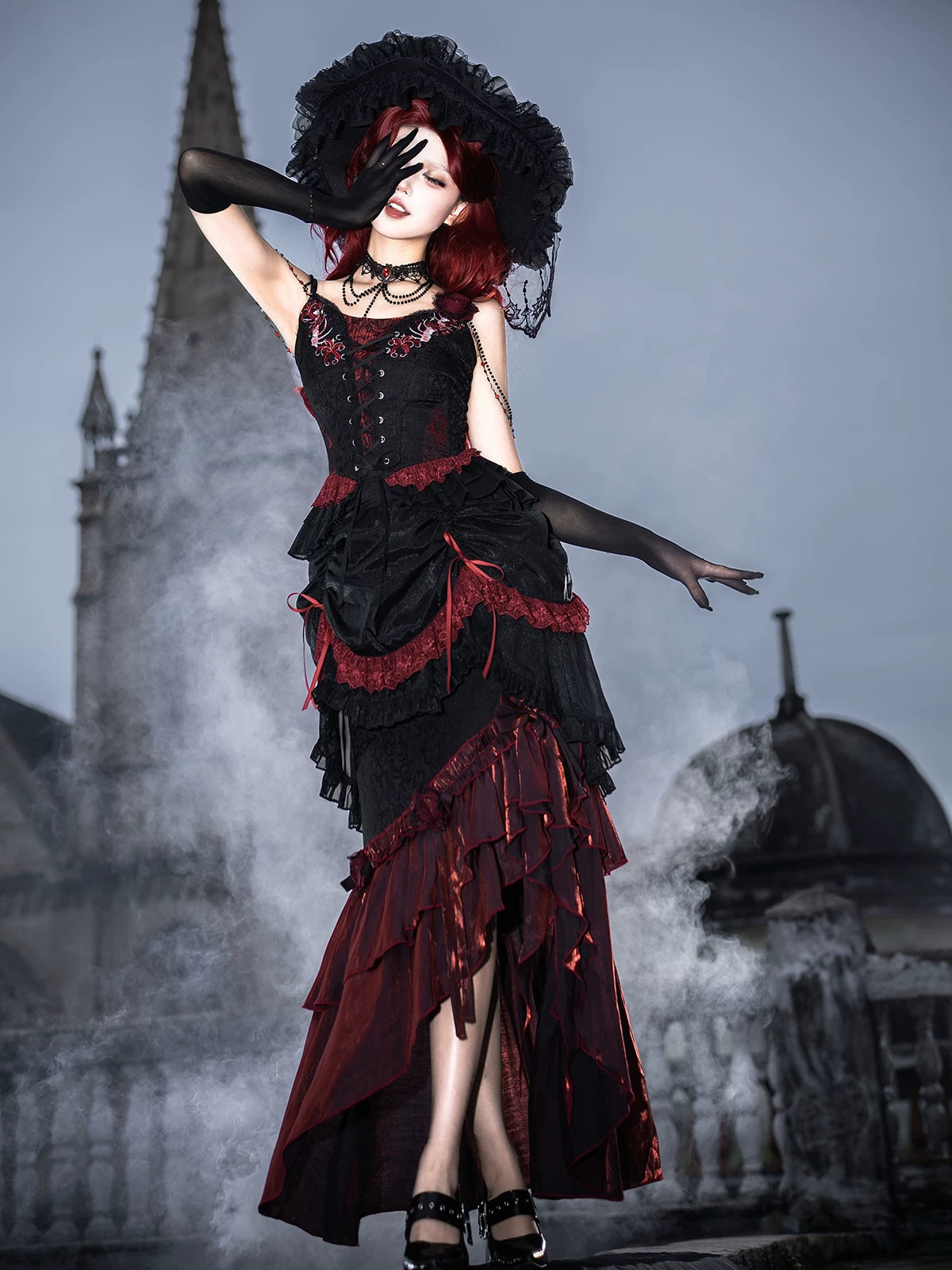 Bone Rot Bloom - Gothic Lolita Embroidered Camisole & Drawstring Lift-up Hem Skirt 45593:854837