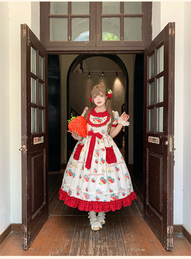 Sweet Berry Tidings - Plus Size Sweet Lolita OP Dress, Strawberry Print 45851:865342