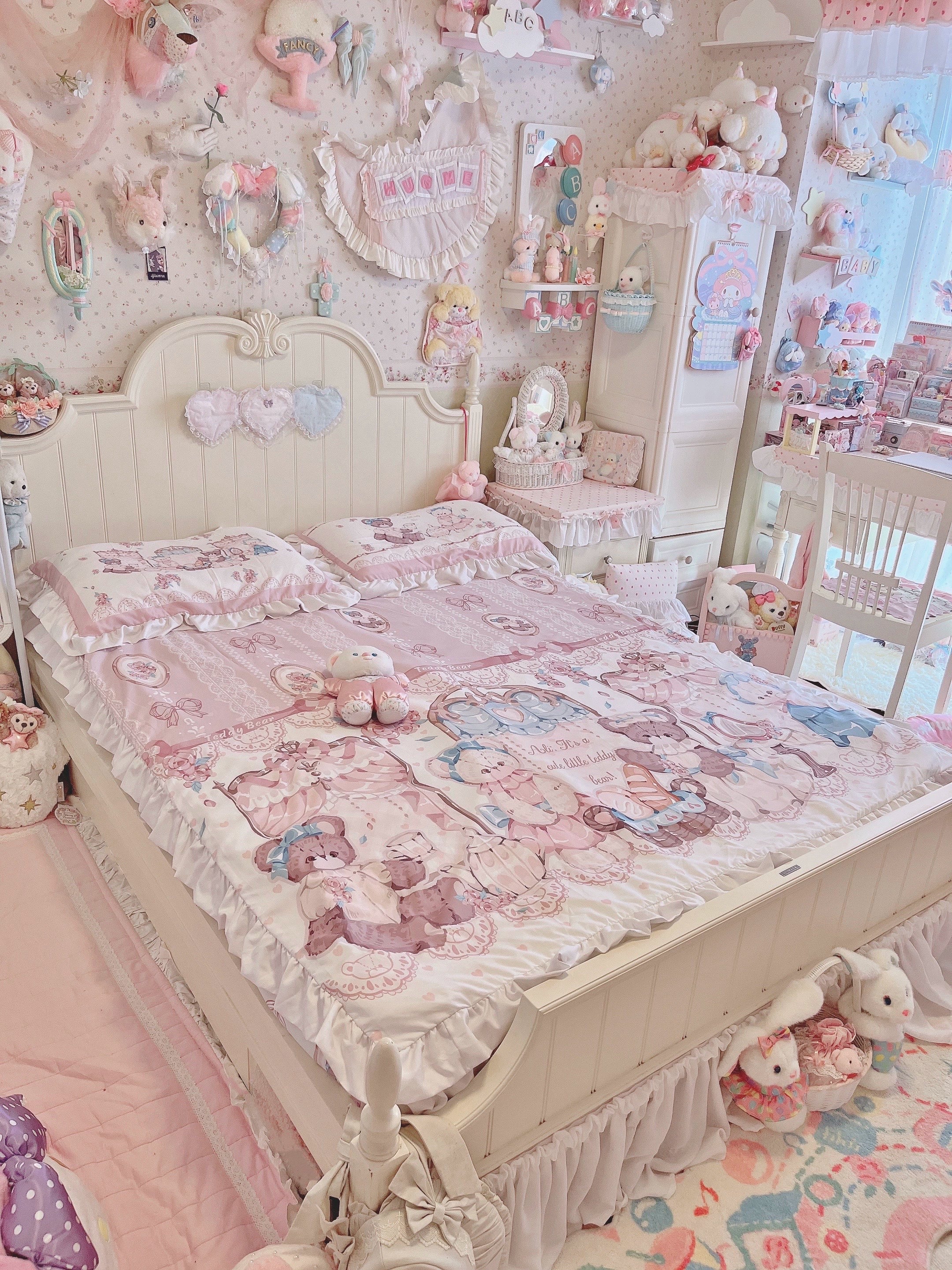 Drunke - Bears Afternoon Tea - Cute Lolita Bedding Set Bear Print Lolita Four-piece Suit Pink and purple 1.5m small size version (four-piece set)