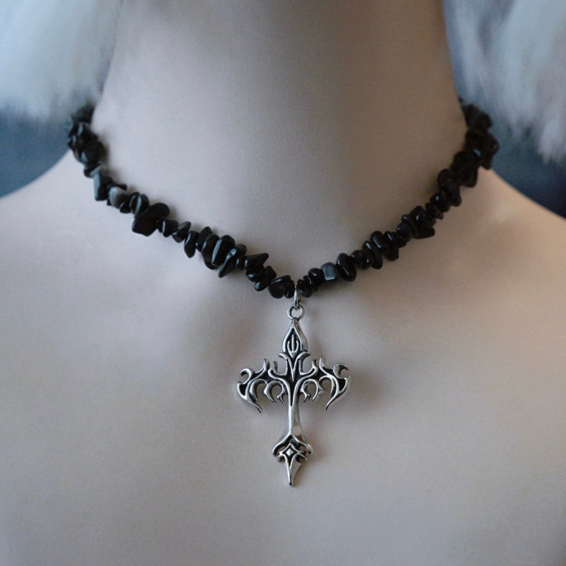Strange Sugar - Handmade Gothic Lolita Choker, Multiple Pendant Flaming Cross