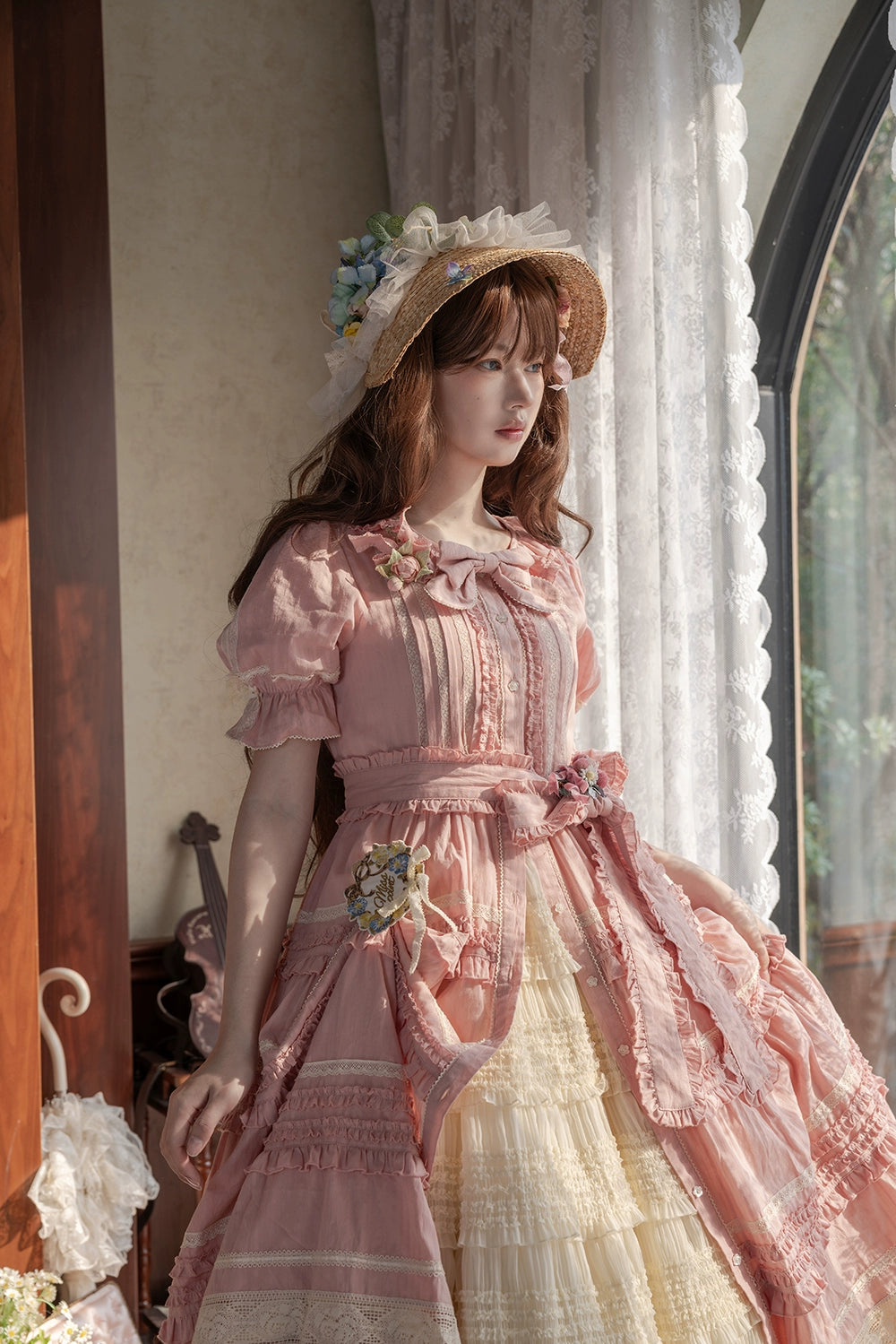 Miss Point~Cat Rose Tea~Elegant Lolita OP Open-front Short Sleeve Tiered Dress 42135:727777