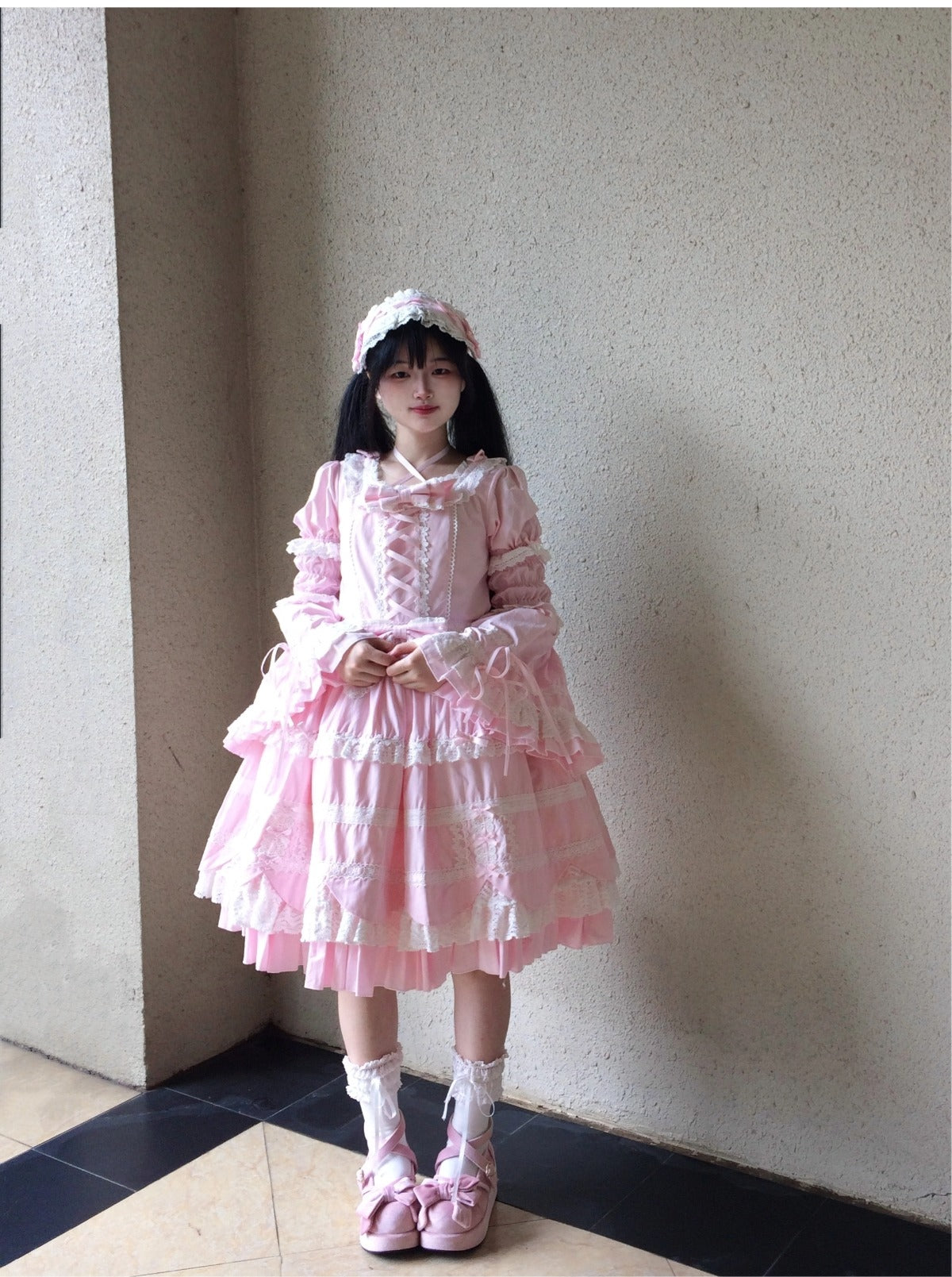 AerialCat~Cream Petals~Old School Lolita OP Tiered Ruffles Cotton Dress 42762:752763