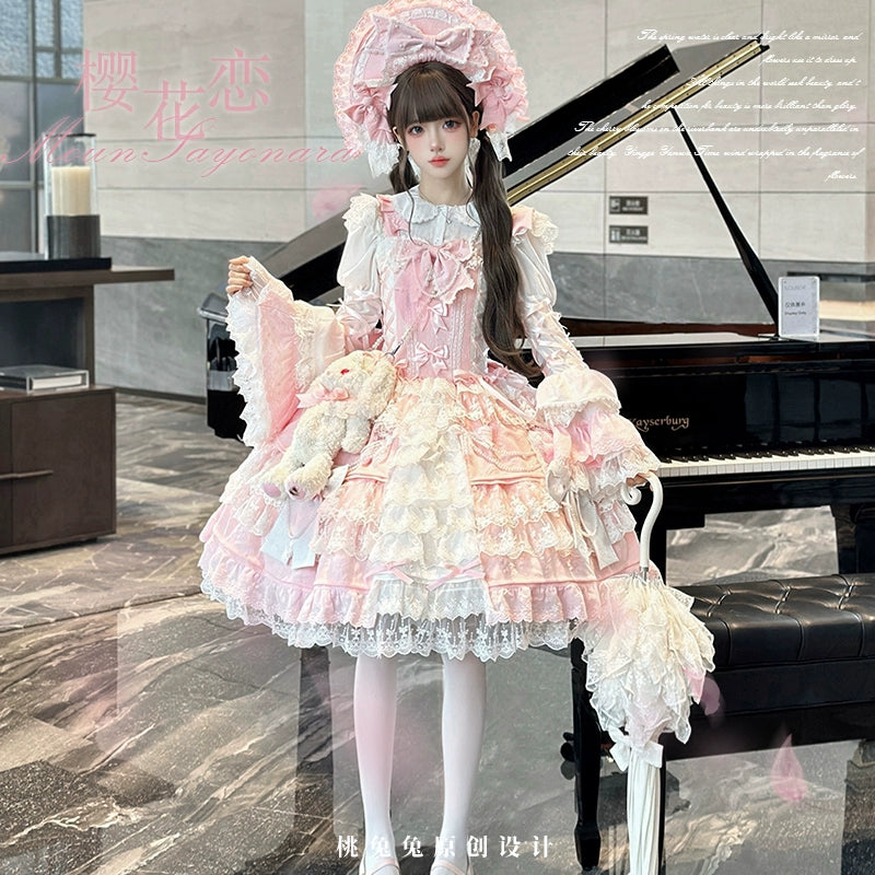 Peach Bunny - Sakura Love - Gorgeous Doll-like Lolita Dress Suit, Tiered Skirt Pink JSK + Trailing Bow S