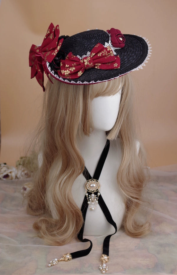 Rose of Sharon~Butterfly Lady~Elegant Lolita Headdress Gold Stamping Bow and Flower Black Flat Cap   