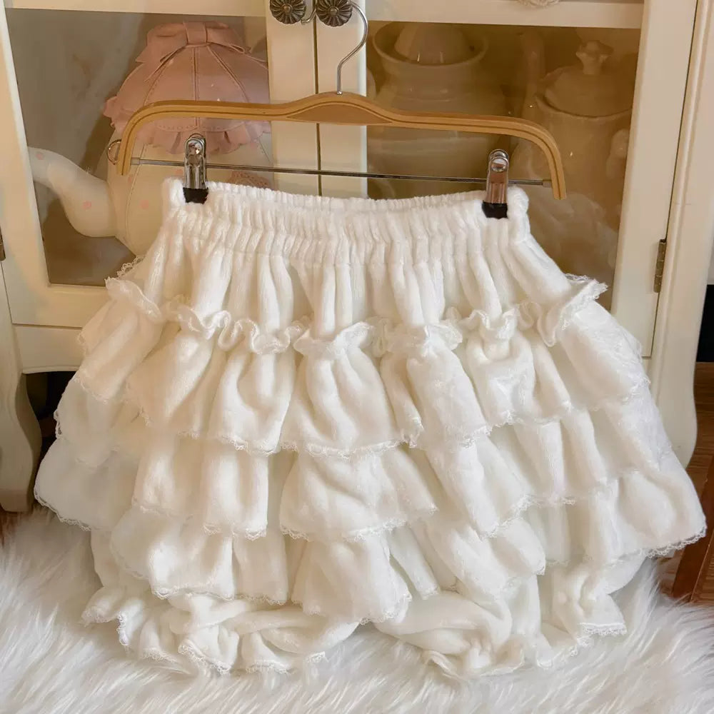 Sugar Girl - Cotton Lolita Bloomer, Loose Ruffled Hem Petticoat White(with velvet) One Size