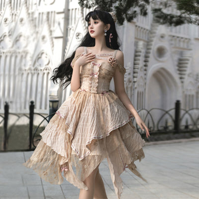 Your princess~Gothic Lolita Irregular Hemline JSK Multicolors S beige JSK+fish-bone petticoat 