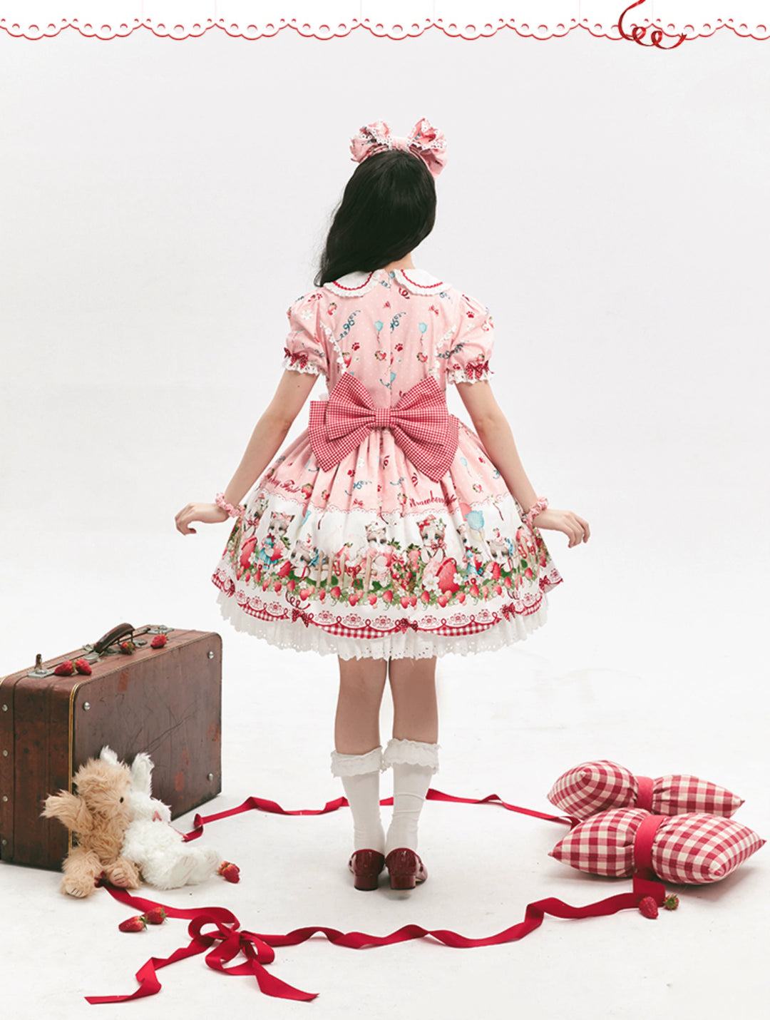 GD Lolita~Cat Strawberry Garden~Sweet Lolita Dress High Waist JSK Strawberry Print OP