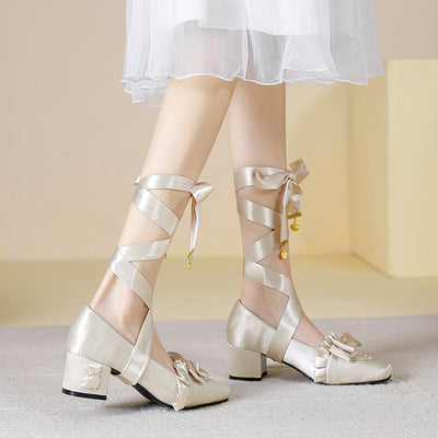 (BFM)WENROO~Ballet Style Lolita Heels Shoes Fairy Shoes Square Head Bow   