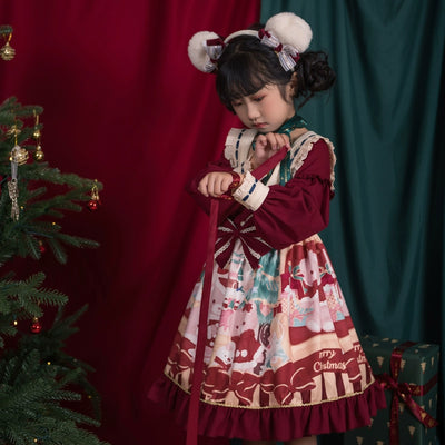 Eieyomi~Kid Lolita Kawaii Bear Print Burgundy Dress Christmas Christmas bear children's clothing OP 110cm 