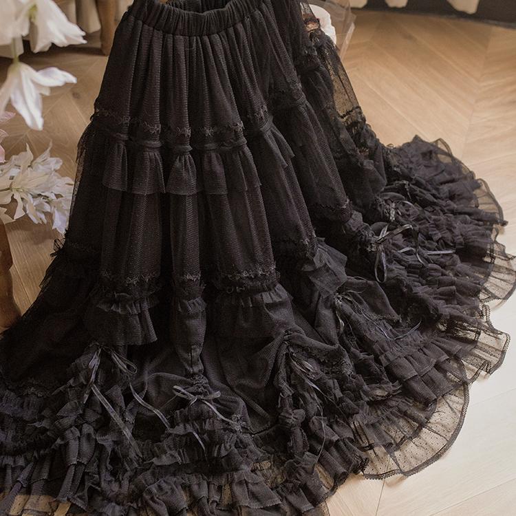 ThinkFly - Pleated Heart - Elegant Lolita Petticoat with Dotted Gauze Hem Black One Size