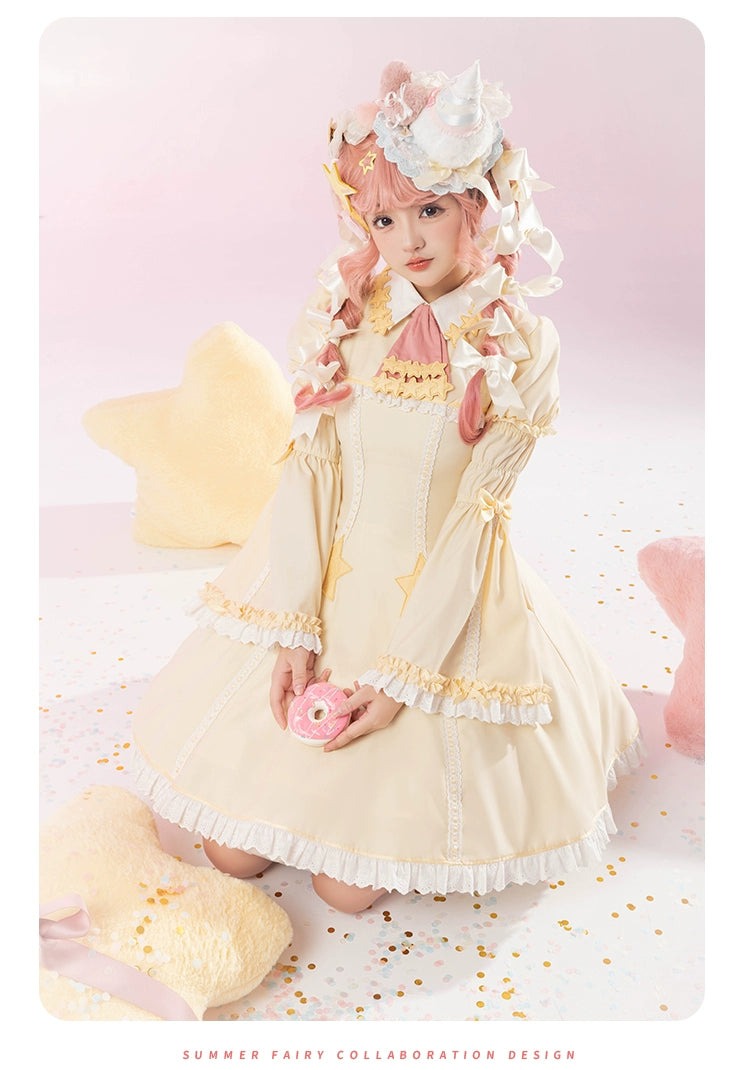 Summer Fairy~Sakura Collab Series~Yellow Lolita OP Dress Star Print   