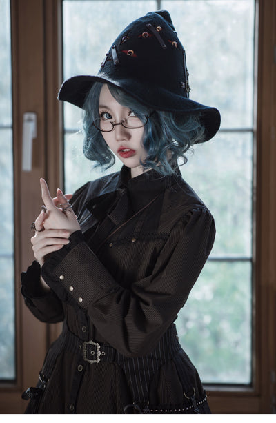 Mr. Yi's Steam Continent~Gothic Lolita Dress Long Sleeve Black Coffee Striped Dress   