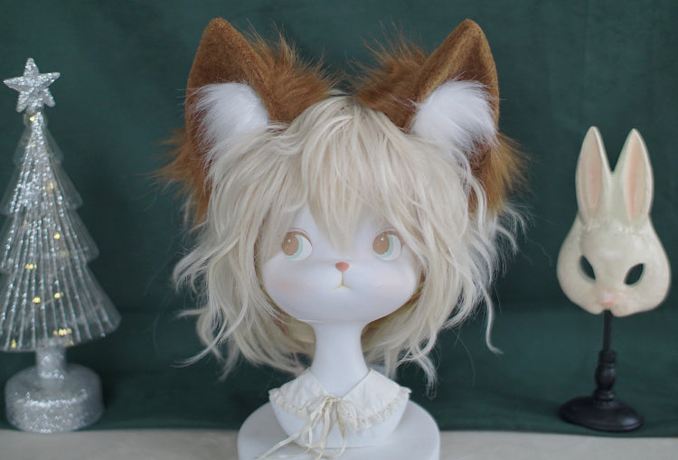 Meow Three Times~Lolita Accessory Animal Ear KC Hairband Cosplay Props kaki brown  