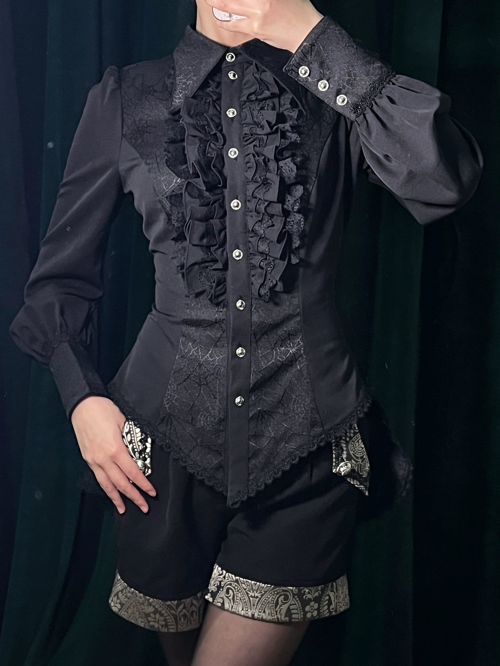 Little Dipper - Cold Rice - Ouji Lolita Shirt With Spiderweb Pattern in Several Versions Long Sleeves - Black - Long Version M
