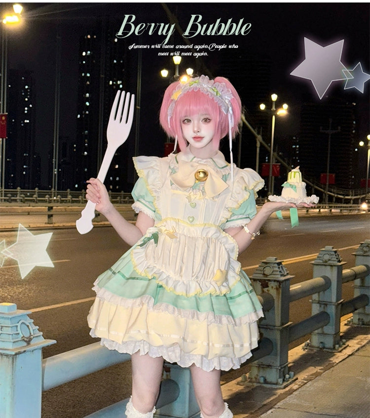 Sakurahime~Berry Bubble~Kawaii Lolita OP Tiered Ruffles Apron Lolita Dress 41462:700318