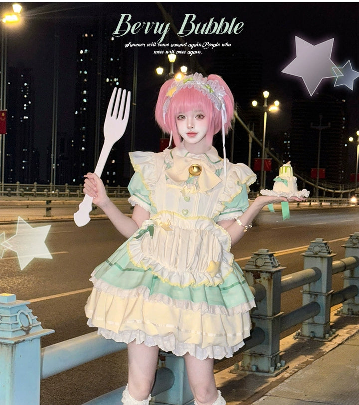 Sakurahime~Berry Bubble~Kawaii Lolita OP Tiered Ruffles Apron Lolita Dress 41462:700318