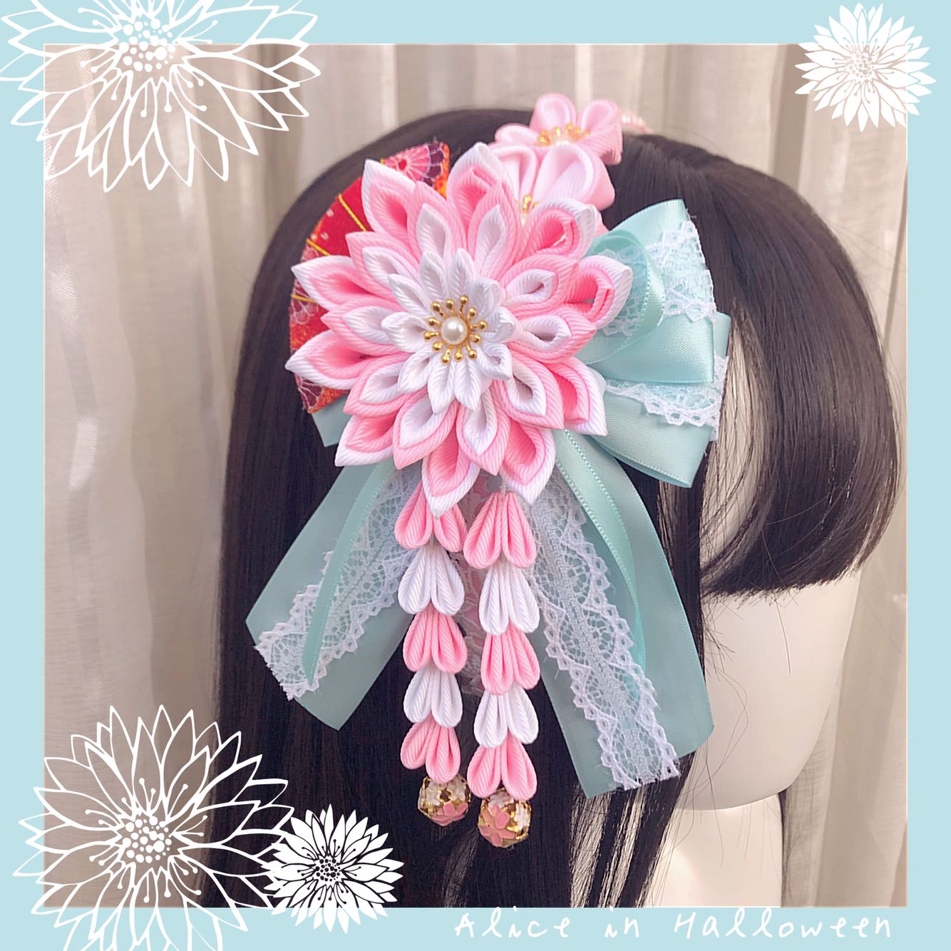 (BFM)Halloween Alice~Daydream~Lolita Accessories KC Hairpin Lace Tassels Mint pink (with a small fan)  