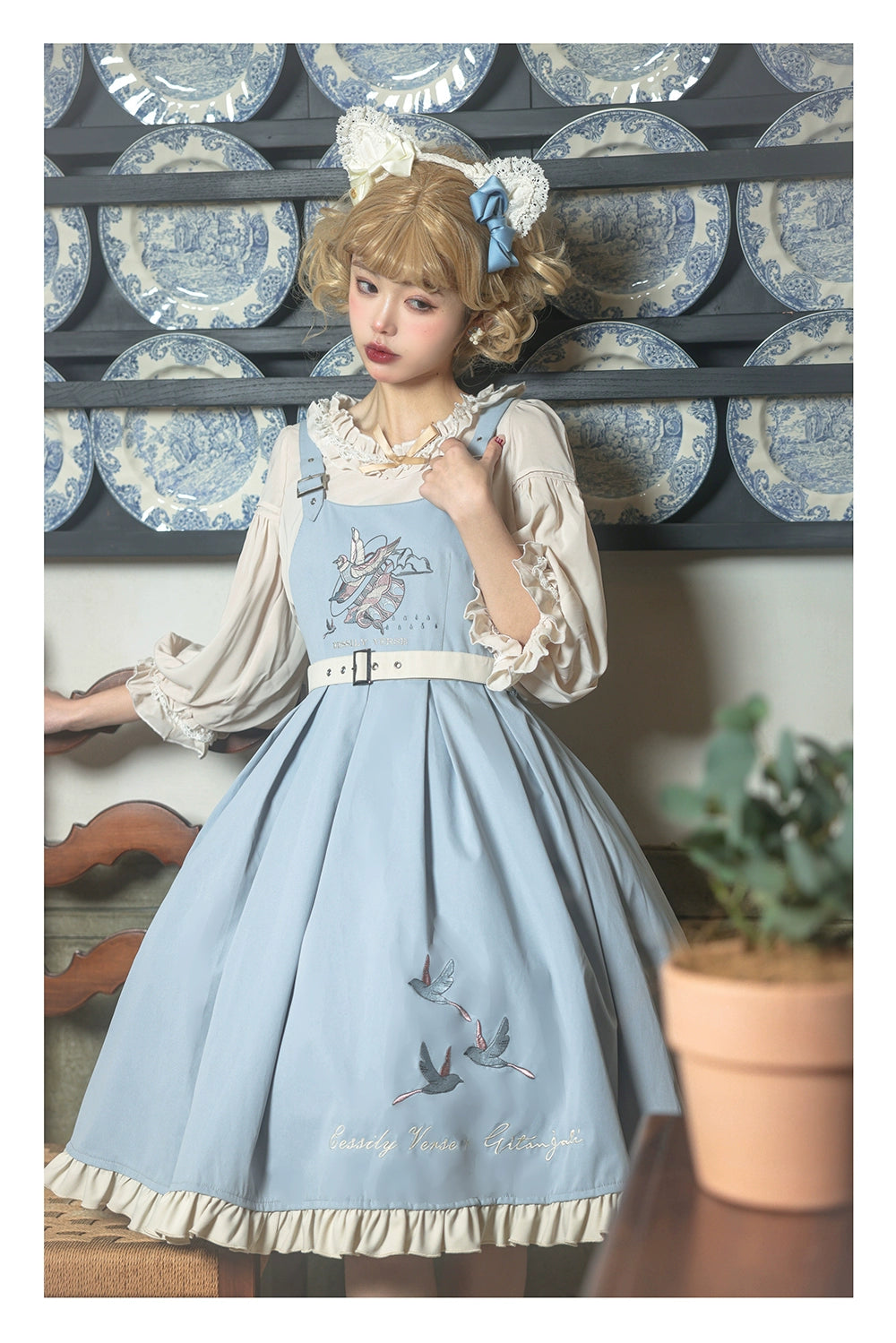EESSILY - Flying Bird - Plus Size Elegant Lolita JSK Dress With Bird Embroidery Off-White Blue JSK Only S