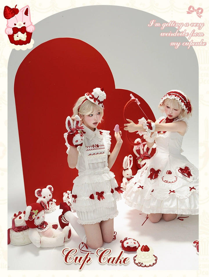 Mademoiselle Pearl - Cup Cake - White, Red Bow, Sweet Lolita Dress Set