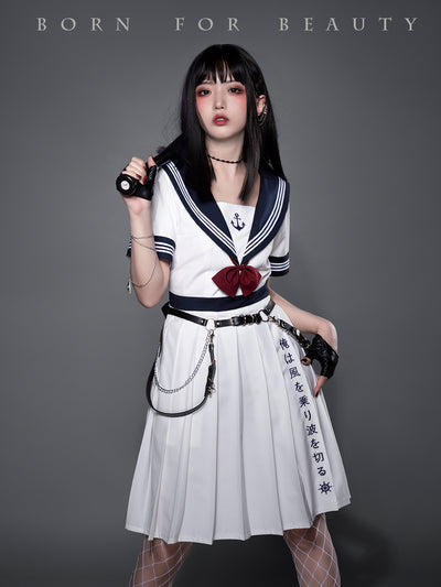 (Buyforme)Youpairui~Amatsukaze~JK Uniform Lolita Sailor Collar OP S white dress dark blue collar (with embroidery on hemline ) 
