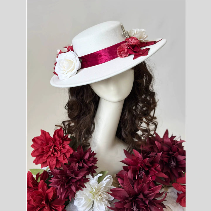 (BFM)Dark Star~Moonlight Sigh~Gothic Lolita Heart BNT Brooch Hat Lolita Accessories Blood White Handmade Top Hat Free size 