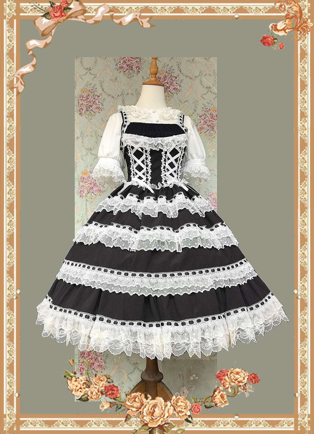 Mirror Doll - Old School Lolita Tiered Hem JSK with Polka Dot Lace 45540:853656