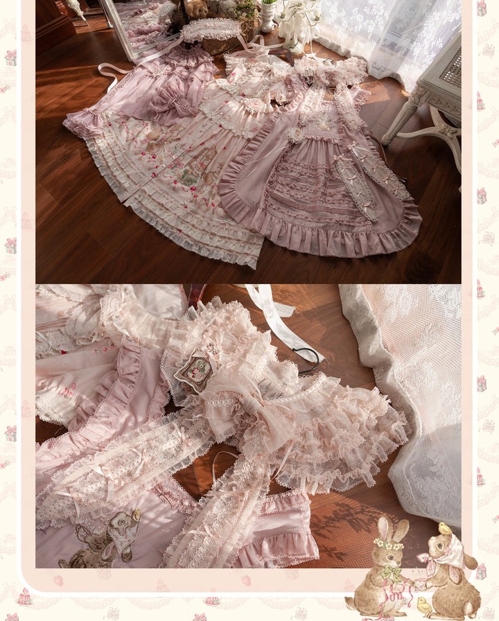 MEEKWIND~Dessert Bunny~Kawaii Lolita Dress Suit Bunny Printed OP and Tiered Ruffle JSK 42175:735323