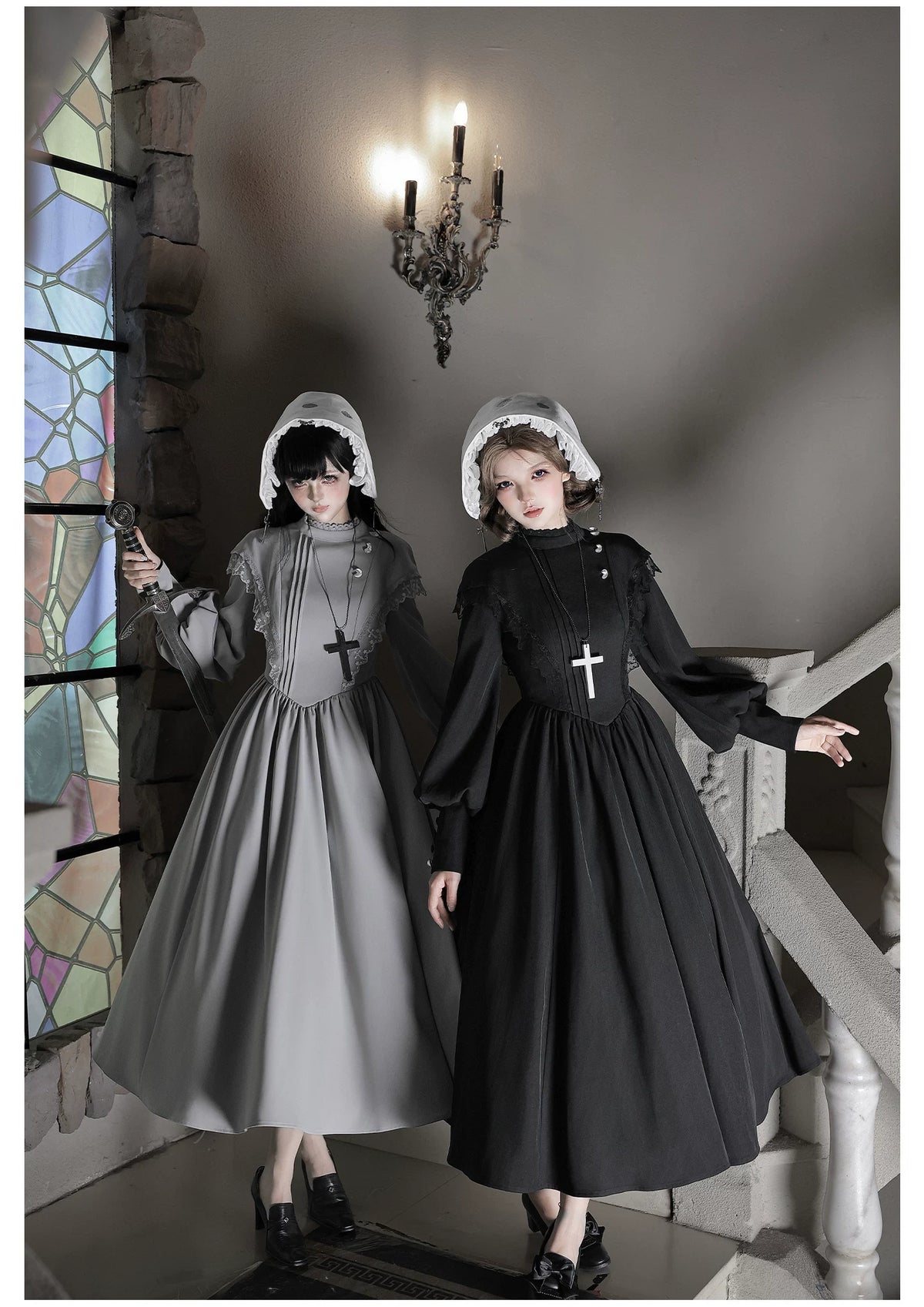 Moon Phase - Gothic Lolita OP Dress Set, Detachable Cross-Shaped Apron 46035:873408
