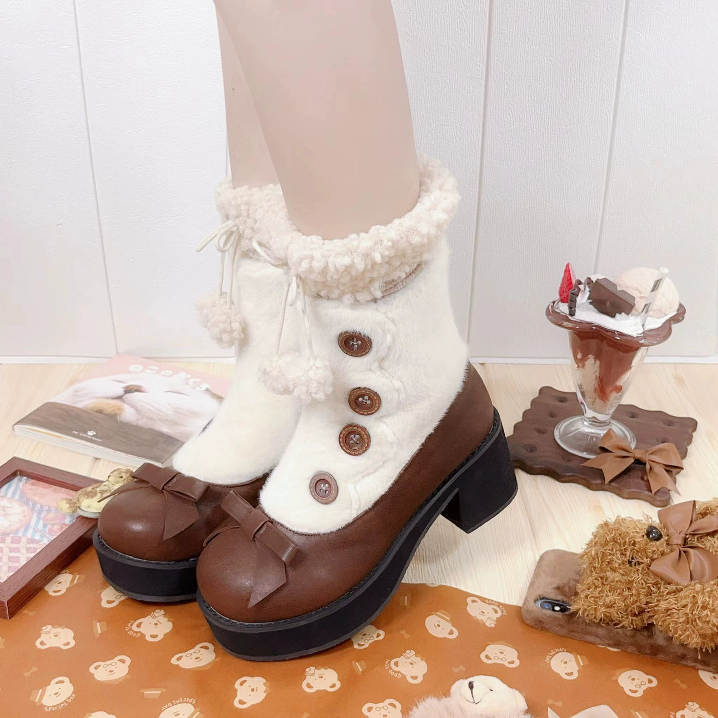 Dolly Doll~Winter Lolita Boots Fur Mary Jane Lolita Low Heel Shoes   